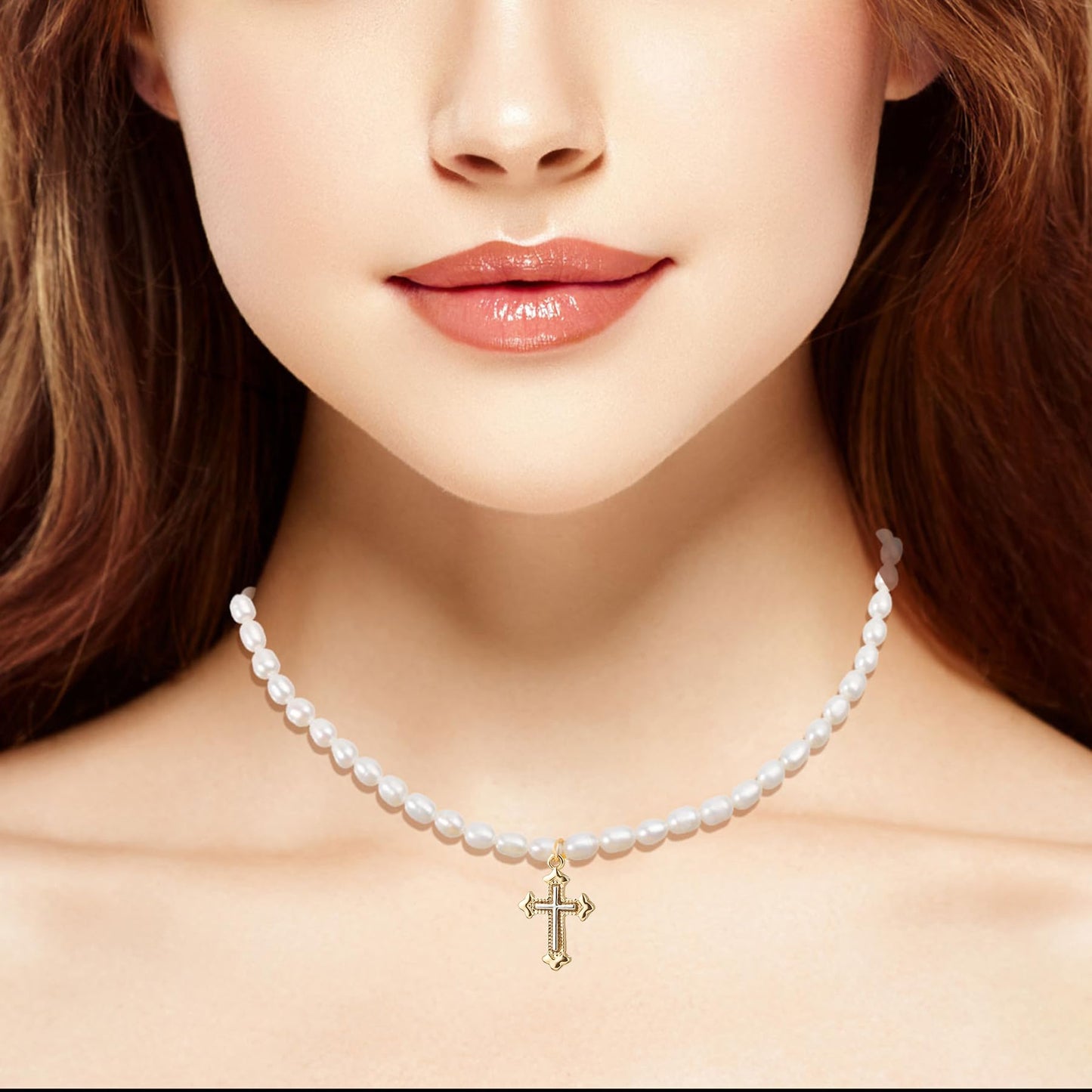 wgoud Natural Freshwater Pearl Choker Necklace for Women, Trendy 14K Gold Plated Pearl Necklaces Handmade Jewelry Gift (Cross Two-tone)