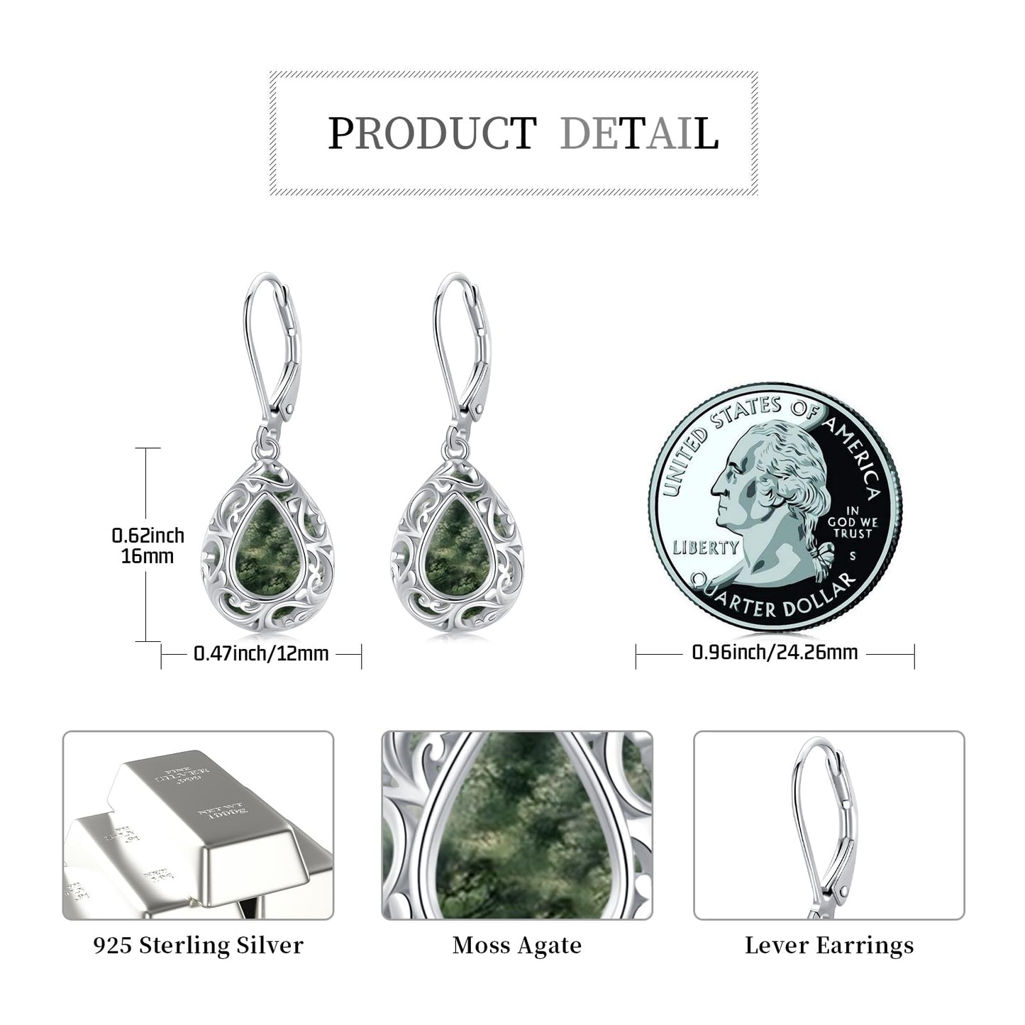 KoyeKei Filigree Moss Agate Leverback Earrings for Women 925 Sterling Silver Moss Agate Teardrop Dangle Drop Earrings Jewelry Filigree Graduation Birthday Gifts for Wife