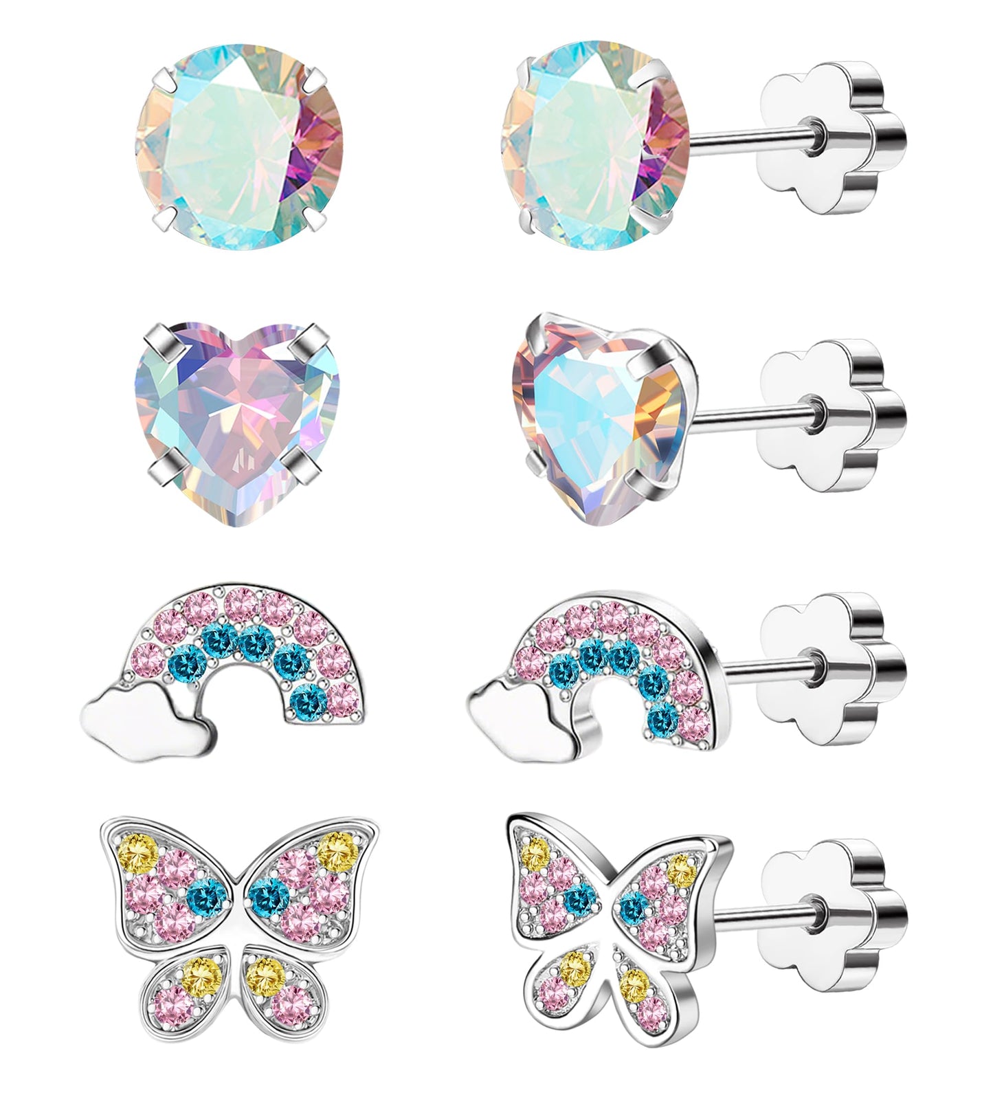 EQFE 4Pairs Hypoallergenic Earrings for Women 14K Gold Flat Back Earrings 20G Screw Back Cartilage Earring for Sensitive Skin CZ Heart Butterfly 316L Stainless Steel Stud Earrings