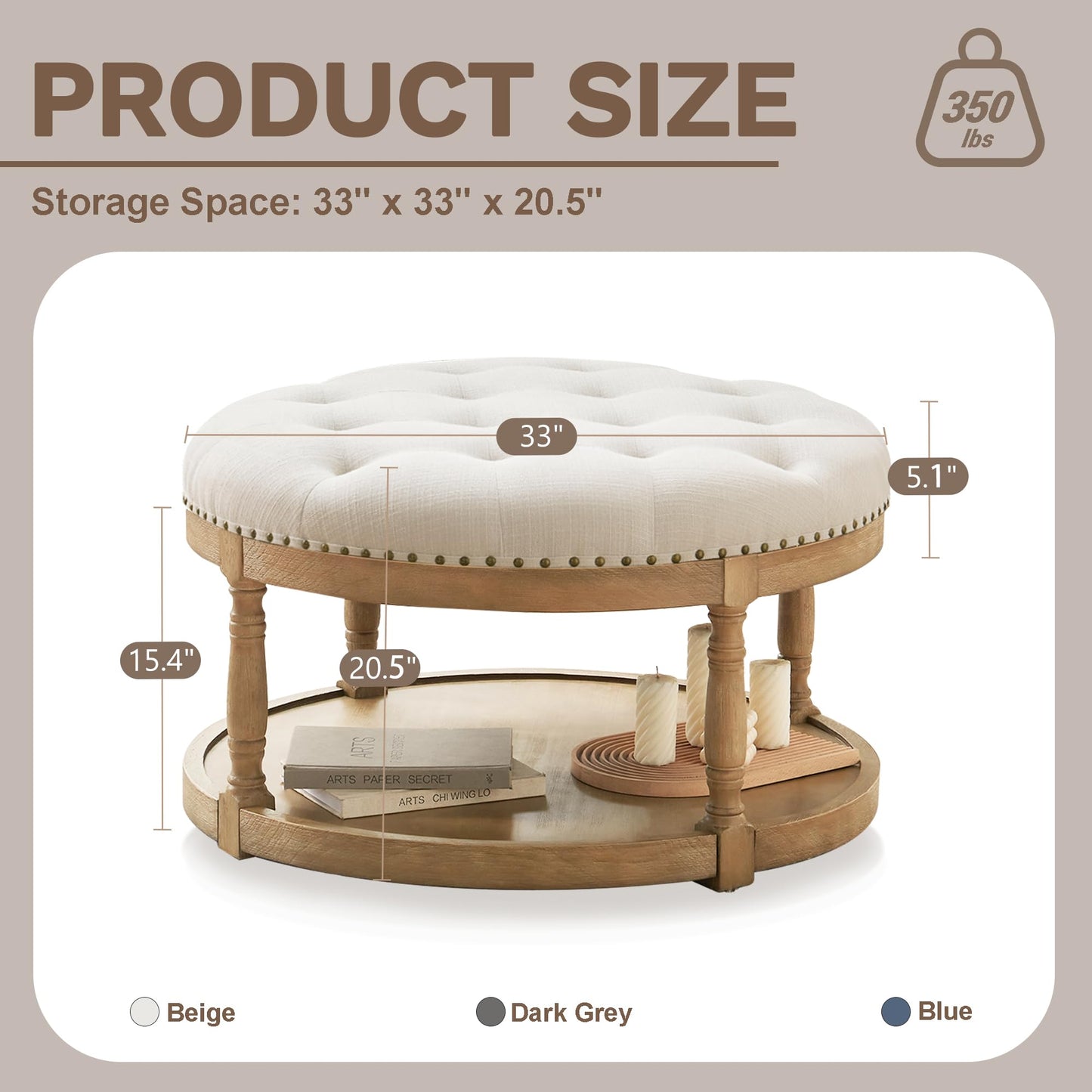 Womina 33" Large Round Ottoman Coffee Table with Storage, Upholstered Button Tufted Linen Footrest Ottoman with Wood Storage Shelf Farmhouse, for Living Room, 350 LBS, Beige