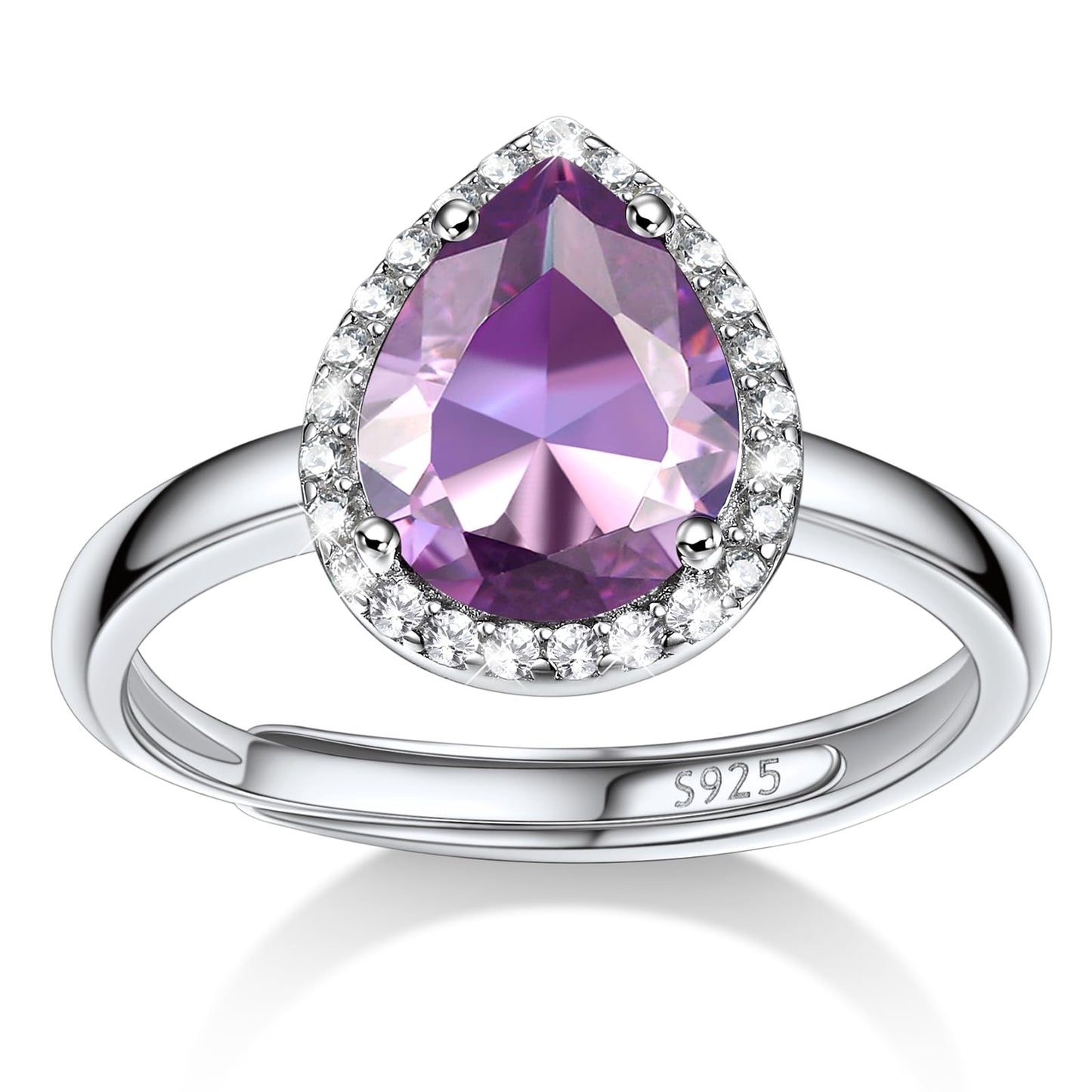 Bestyle Flattering June Alexandrite Teardrop Crystal Rings Halo Cubic Zirconia Rings for Women Dainty 925 Sterling Silver Hypoallergenic Adjustable Rings, Size #6-#12
