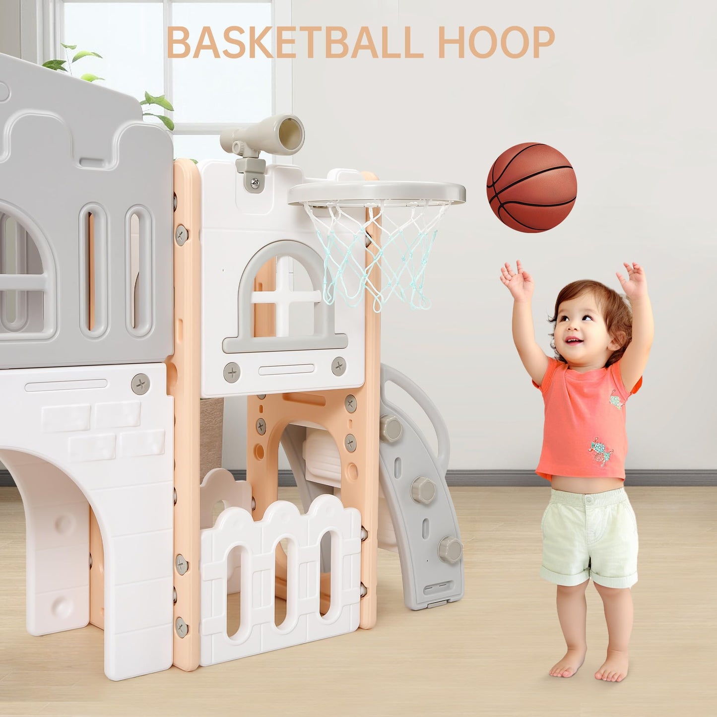 Toddler Slide 8 in 1 Toddler Playset for Toddlers Age 1-3, Baby Playset for Indoor Outdoor Playground with Climber, Crawling Tunnel, Basketball Hoop, Telescope, Toy Storage