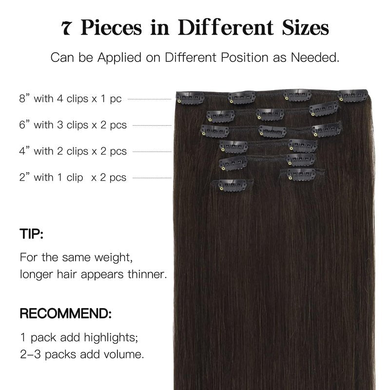HOTBANANA Human Hair Clip in Hair Extensions, Dark Brown 120g Clip in Hair Extensions Real Human Hair Straight Remy Hair Clip in 18 Inch 7pcs
