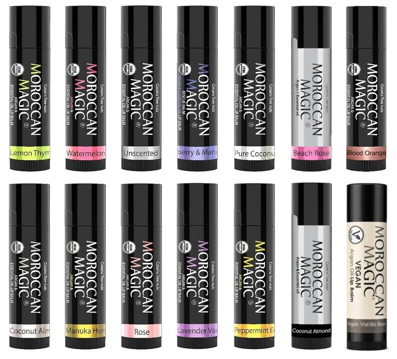 Moroccan Magic Organic Lip Balm & SPF15: 14 Piece Variety Pack Gift Set | Organic Argan and Essential Oils | Smooth | Natural | Non-Toxic | Cruelty Free | chapstick bulk lip balm | 14 Pack