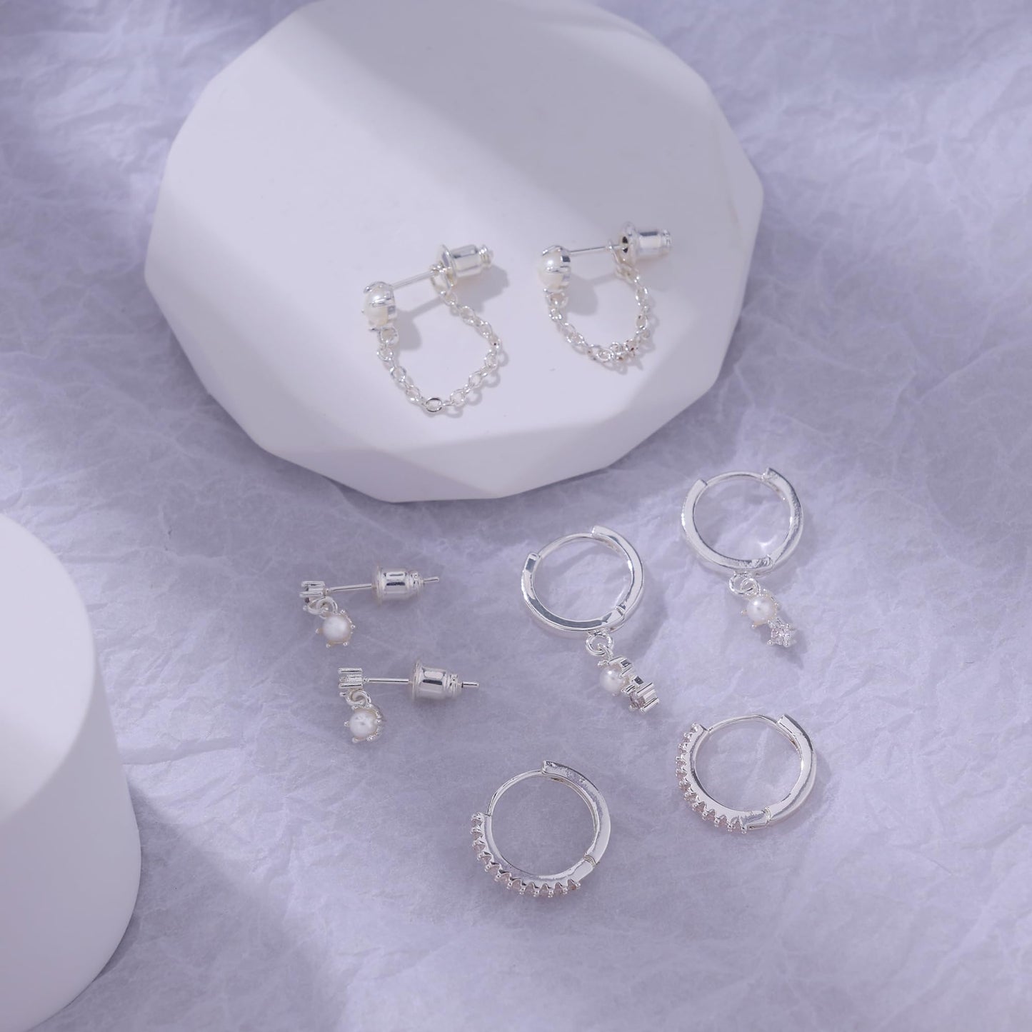 SELFROSE Cartilage Earrings for Women,Dainty Silver Earrings Set Cute Pearl Earrings for Women Trendy Hypoallergenic Cartilage Earring Stack Pearl Dangle Earrings Small Huggie Hoop Earrings Jewelry