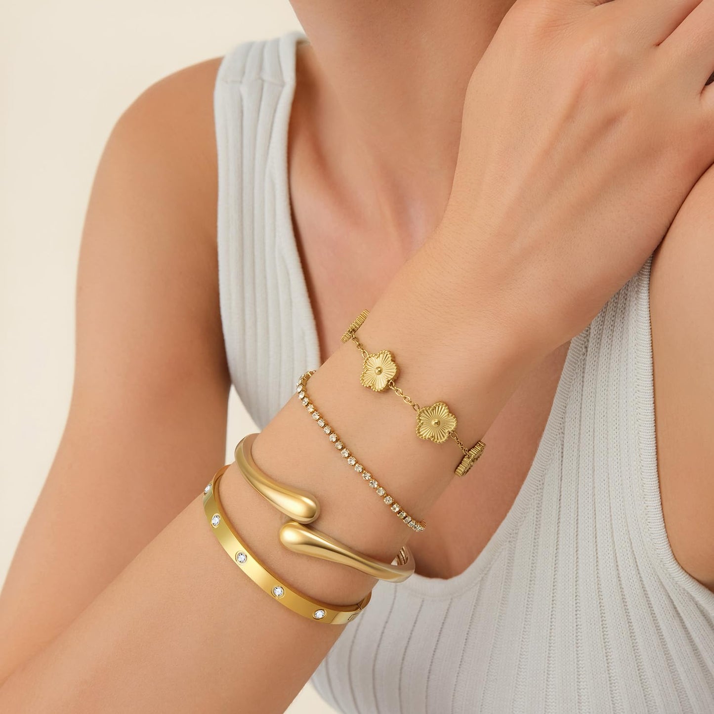 Mothers Day Gifts for Mom 18K Gold-Plated Bracelet Set – Floral Clover, Tennis, Chunky Adjustable Twist Cuff, Classic Gold-plated Bangle Stainless Steel, Non Tarnish, Stackable Bracelet Gift for Women