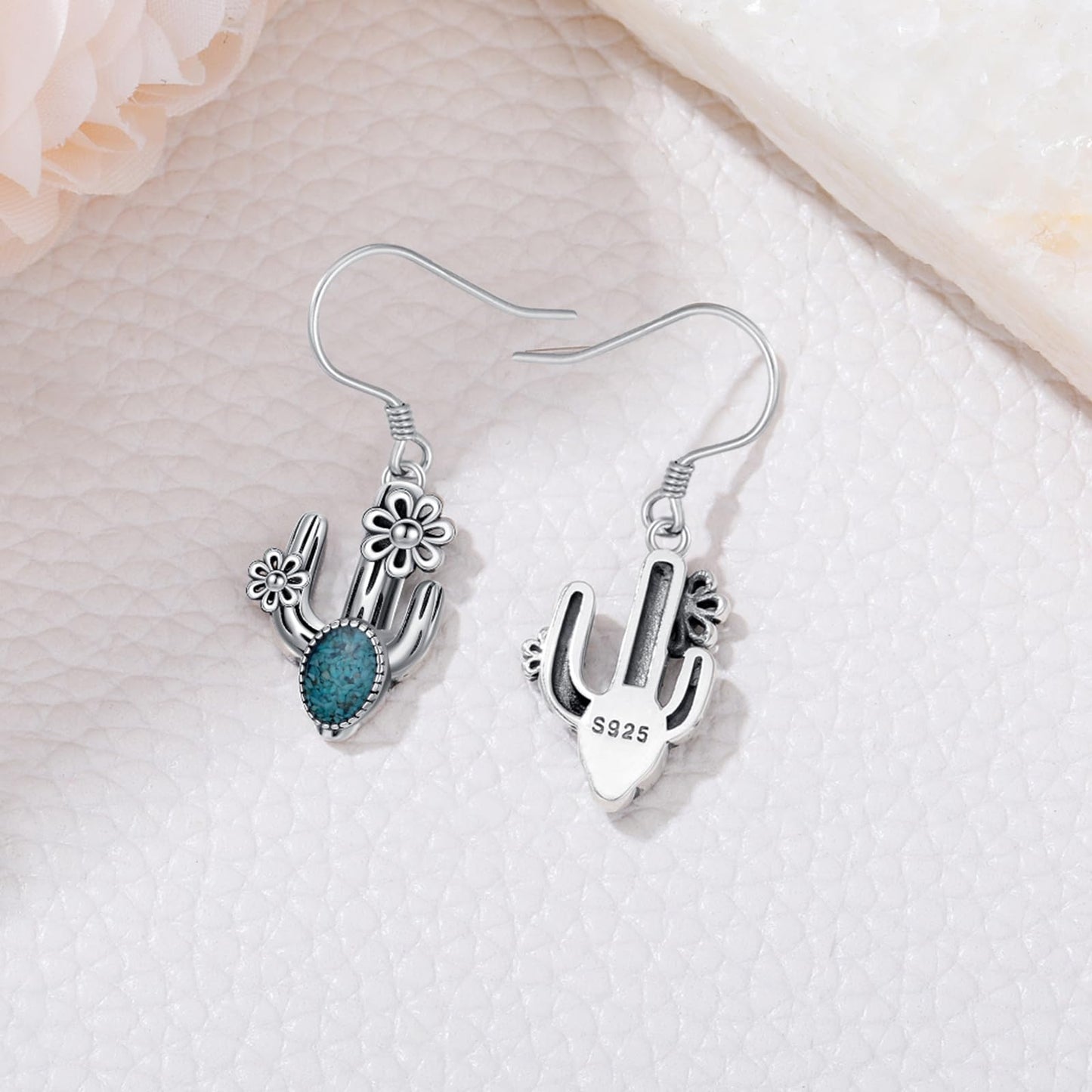 KoyeKei Cactus Earrings for Women 925 Sterling Silver Turquoise Cactus Dangle Drop Earrings Western Country Jewelry Gifts for Plant Lovers