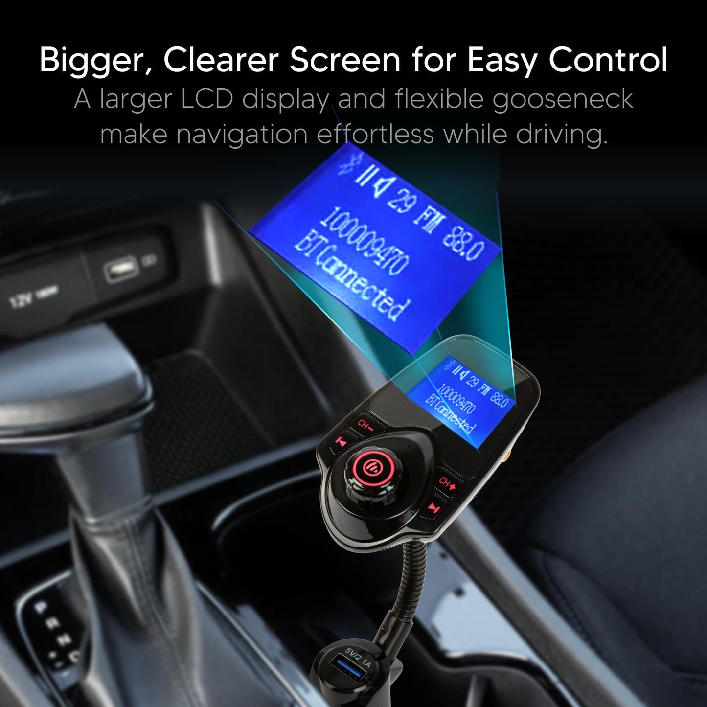 ONN Upgraded 2025 Car Bluetooth FM Transmitter – 1.44" Display, Flexible Gooseneck, Hands-Free Calls, Wireless Music Player, Radio Adapter, USB Charger, Micro SD Card & AUX Support