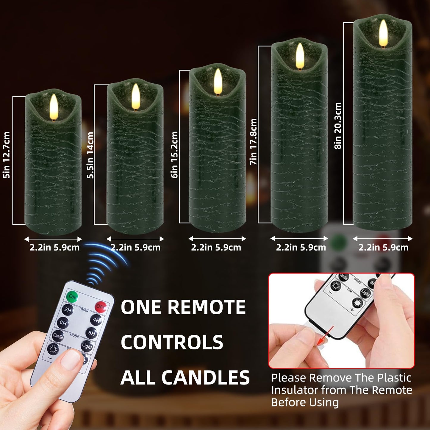 MiKoyi Flameless Pillar Candles with Remote, Battery Operated Candles Real Wax, [5-Pack] Fake LED Flickering flameless Candle with Timer Function for Room Home Decor (2.2" * 5/5.5/6/7/8"") - Green"
