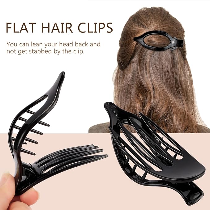 Black Hair Barrettes - Alligator Claw Clips, 3 French Lay Down Duck Billed Clips for Thin Hair