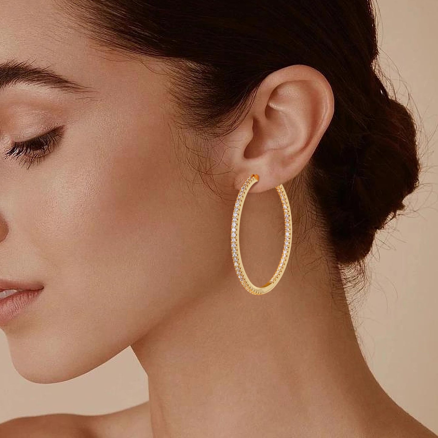 Gacimy Gold Hoop Earrings for Women, 50mm Cubic Zirconia Hoop Earrings, 14K Gold Plated Brass with 925 Sterling Silver Post