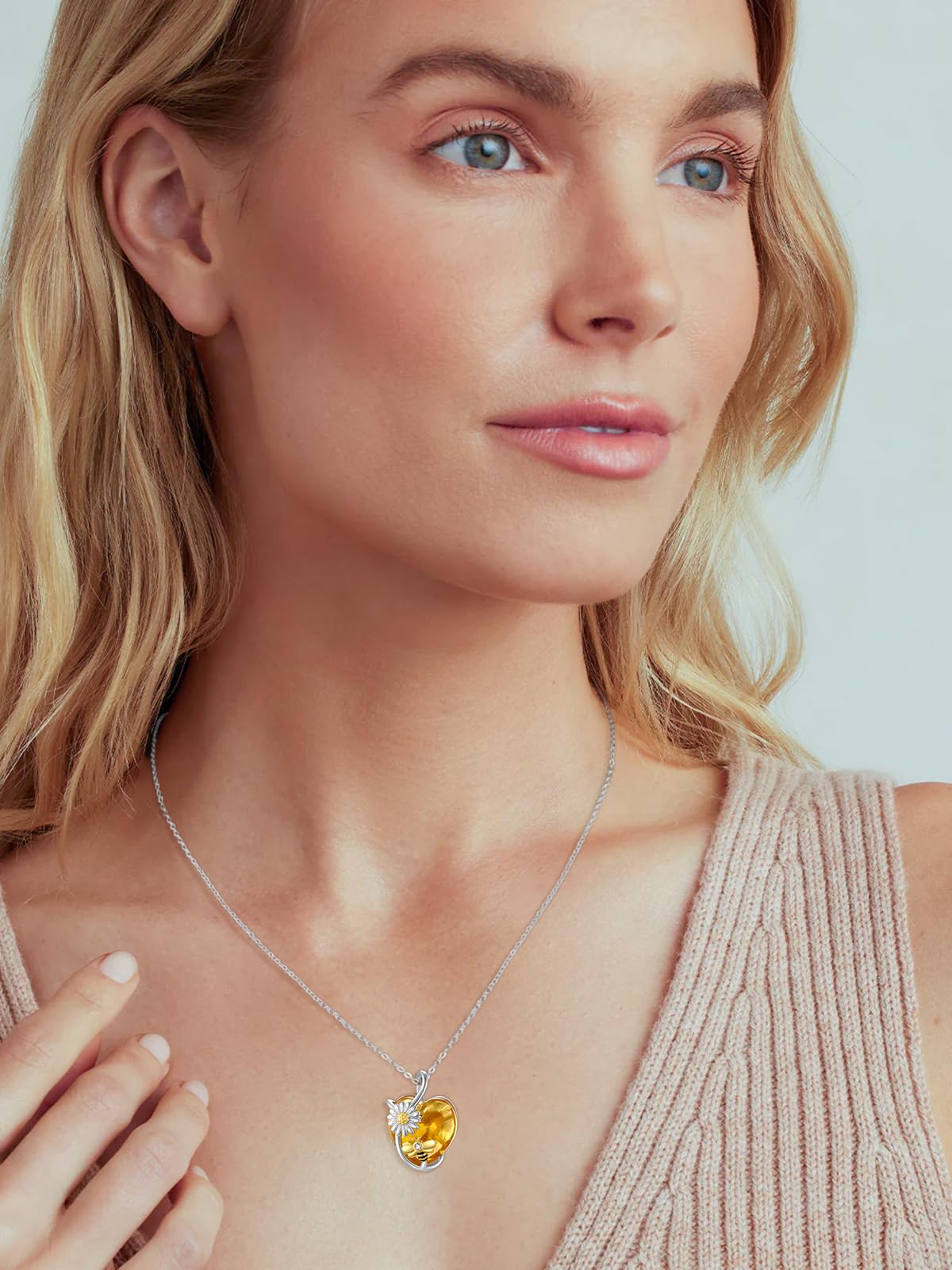 AENEAS Valentines Day Gifts for Women Her Bee Necklace 925 Sterling Silver Daisy Honey Bee Pendant Necklace with Love Heart Citrine Crystal Jewelry for Birthday Christmas Anniversary