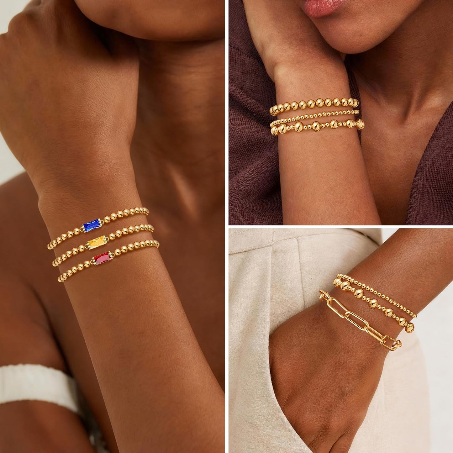 5 PCS Gold Bracelets for Women, Dainty Birthstone Bracelet 14K Gold Plated Stackable Paperclip Cuban Link Chain Bead Bracelets, Fashion Trendy Jewelry Sets Birthday Gifts