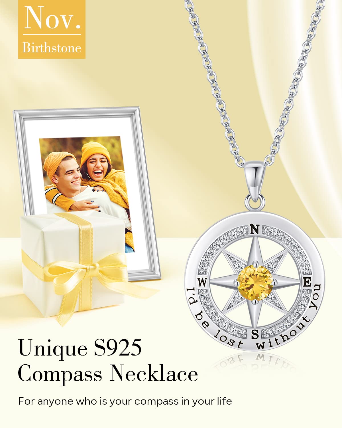 S925 Sterling Silver Necklace for Wife, Women Anniversary Year Gifts Compass Jewelry, Birthday Gift Ideas for Her Girlfriend Woman Necklaces, 18K White Gold November