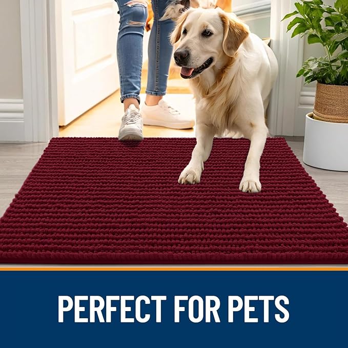 OLANLY Dog Door Mat for Muddy Paws 70x46, Ultra Absorbent Chenille Mud Doormat, Non-Slip Washable and Dirt Trapping Doormat for Indoor Entryway, Quick-Dry Indoor Pet Bed Mats for Dogs, Burgundy