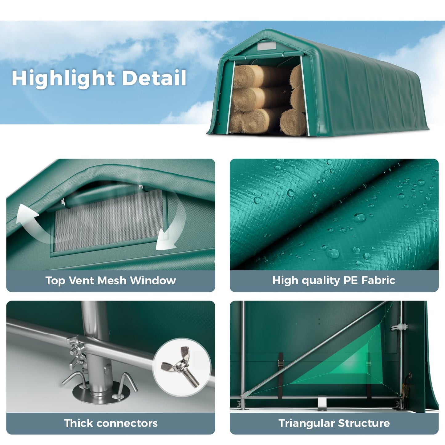 GREEN PARTY 11' x 24' Heavy Duty Carport, Portable Storage Shelter Shed Outdoor Carport with Roll-up Zipper Door & Vents, Storage Car Canopy Car Tent Garage for SUV, Truck and Boat, 200g PE Cover
