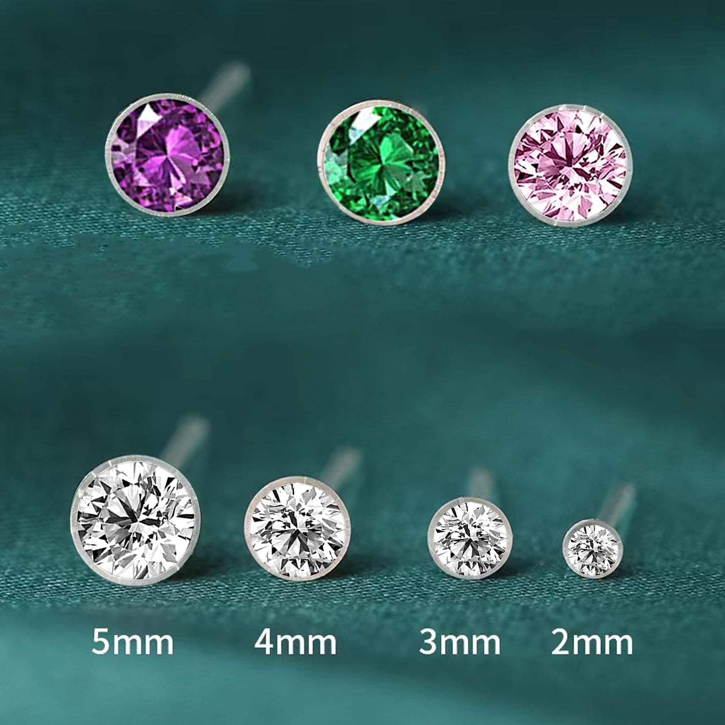 OwlkOrmy 8 Pairs Anti Allergy Plastic Earrings for Sensitive Ears & Include 8 Pairs Silicone Soft earring backs, Birthstone Cubic Zirconia Stud Earrings Kit 2mm 3mm 4mm 5mm in one Set (5-in-1 color)