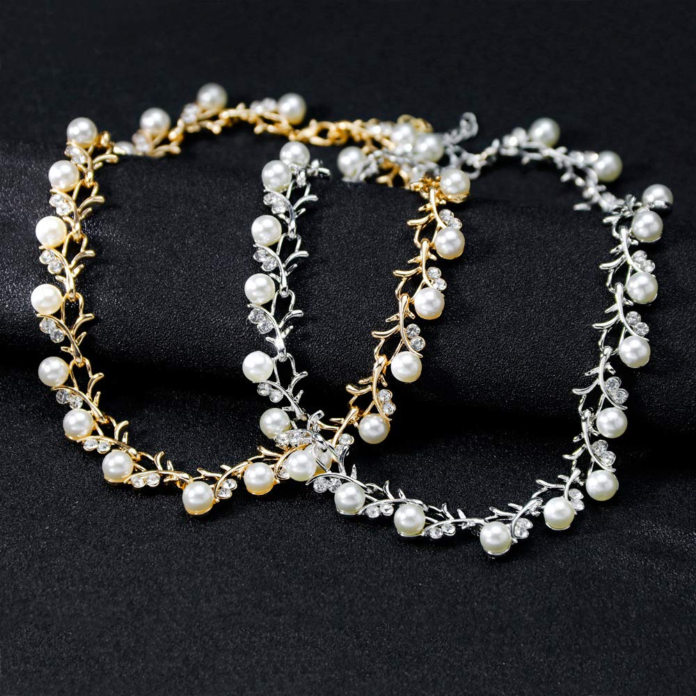 tenghong2021 Fashion Classic Faux Pearl Jewelry Set Necklace Bracelet Earrings for Women Best Gift (Silver Leaf)