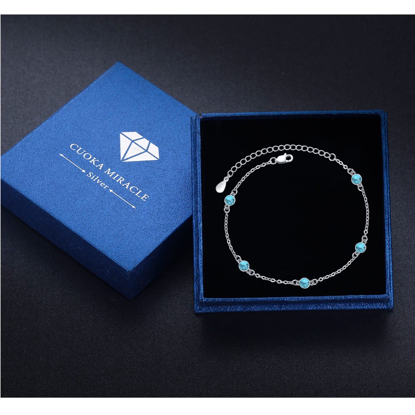 AOVEAO Turquoise Bracelet Blue Gem Stone Bracelet S925 Sterling Silver Round Turquoise Bracelets Jewelry for women 6mm (6mm turquoise bracelet)