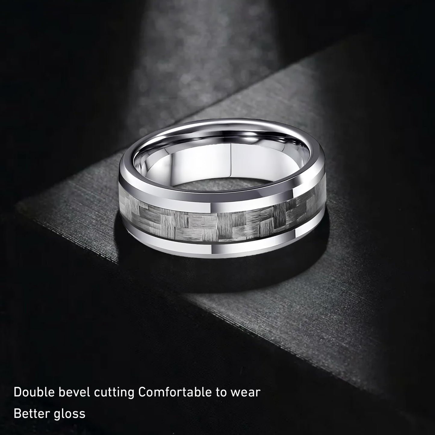 HJIMMNHONG New Carbon Fiber Fashion Rings Double Beveled Edge Delicate Polished Simple Stainless Steel Mens and Women Rings,8mm,Grey,Size11