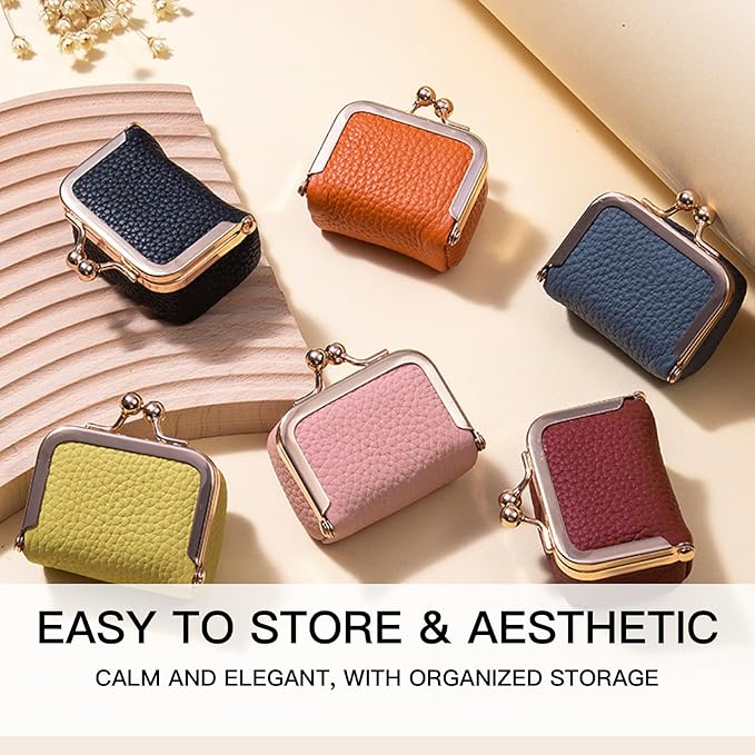 Genuine Leather Mini Jewelry Box, Portable Vintage-Inspired Genuine Leather Coin Purse Jewelry Case with Kiss Lock, Mini Travel Ring Box for Women (Orange）