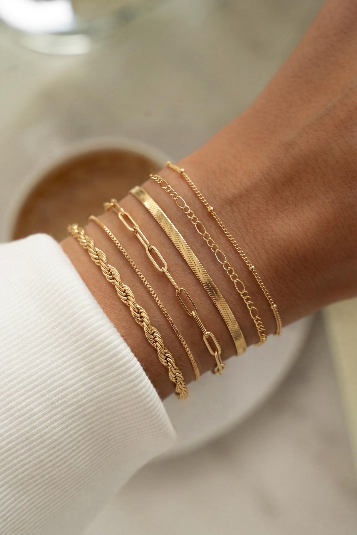 DEARMAY 14K Gold Plated Bracelets for Women Jewelry Sets for Women Trendy Dainty Stackable Paperclip Rope Snake Box Figaro Chain Bracelets Pack Costume Fashion