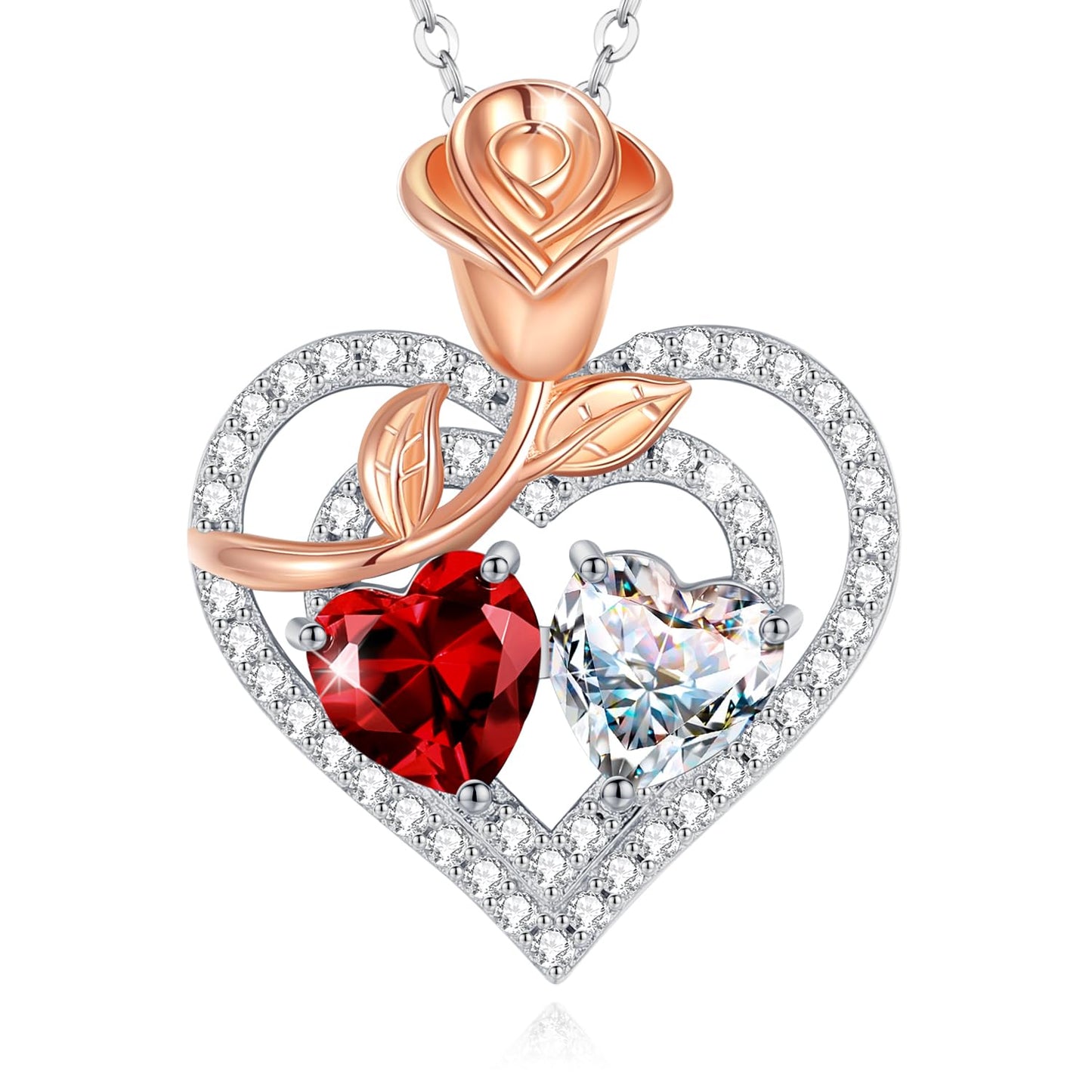 AGVANA January April Birthstone Jewelry Garnet CZ Necklace Sterling Silver Rose Flower Heart Double Birthstone Pendant Necklace Anniversary Birthday Gifts for Women Mom Wife Lady Her
