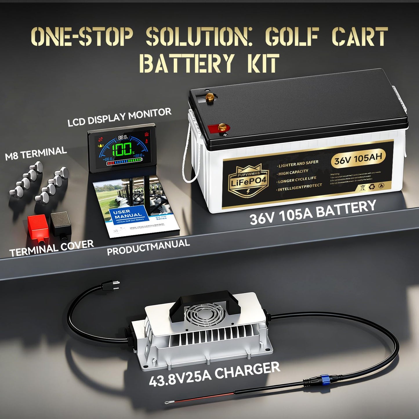 36V 105Ah Lithium Golf Cart Battery, 36 Volt LiFePO4 Battery, built-in Bluetooth 200A BMS and LCD display, IP65, with 43.8V 25A lithium battery charger, perfect for golf carts,Trolling Motor