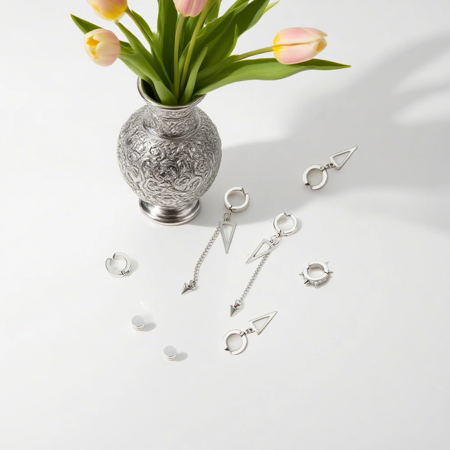 5 Pairs Silver Stainless Steel Non-Piercing Spike Rivet Geometric Triangle Dangle Tassel Clip on Hoop Earrings Set for Women Men, Non Pierced Fake Ear Clip Stud Earrings