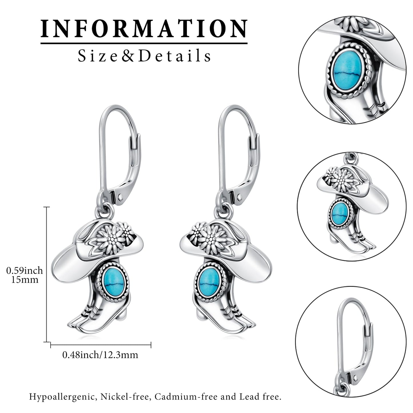 YYmqmq Turquoise Cowboy Boot Earrings 925 Sterling Silver Western Jewelry Cowgirl Hat Dangle Earrings Laverback Country Style Cowgirl Gifts for Women Girlfriend Her