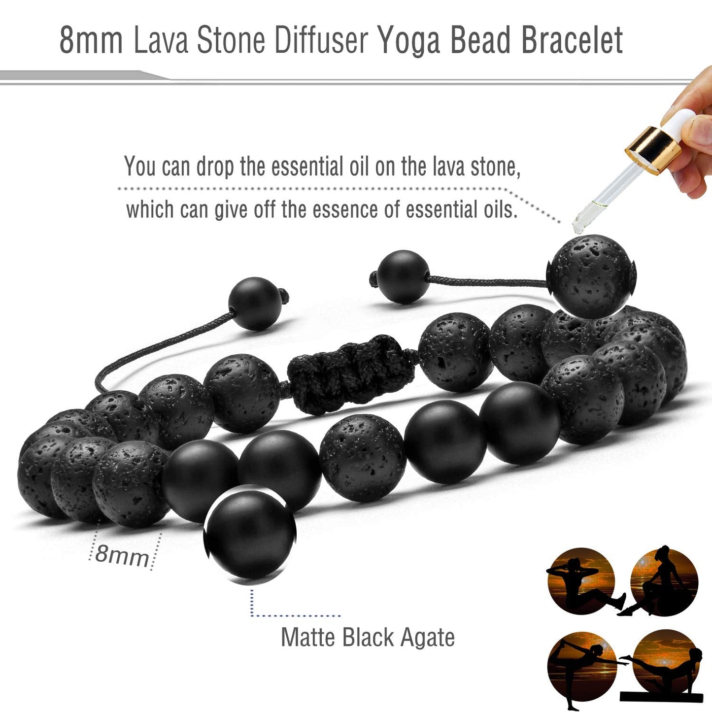 Hamoery Men Women 8mm Lava Rock Aromatherapy Anxiety Essential Oil Diffuser Bracelet Braided Rope Natural Stone Yoga Beads Bracelet Bangle(Set 3)