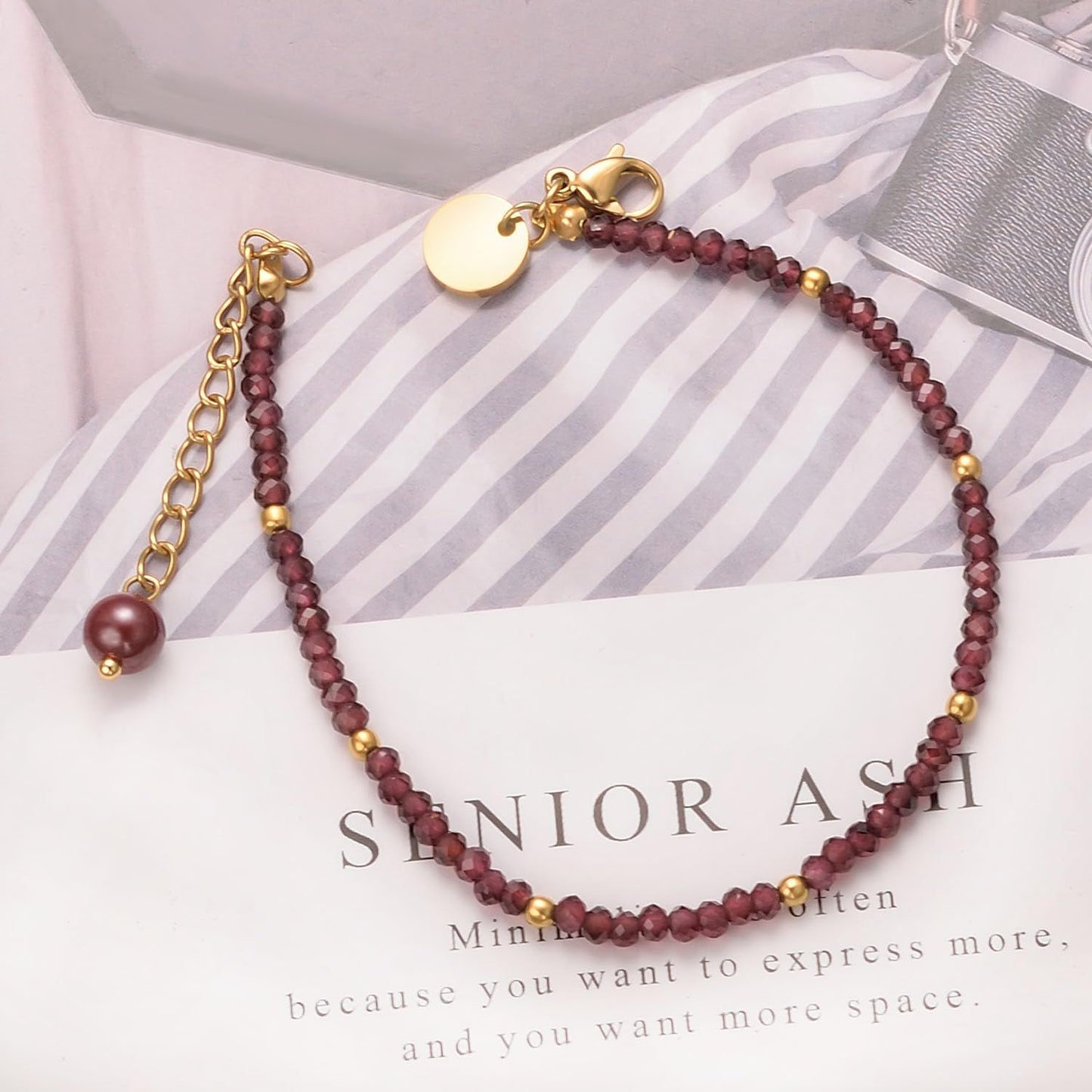 vissen Violet Garnet Cinnabar Beaded Bracelet for Women Gold Plated Adjustable Red Stone Bracelet Garnet Vintage Jewellery