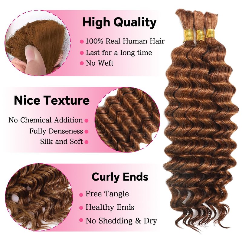 Brown Human Braiding Hair for Boho Braids 150g 3 Bundles/Pack 16 16 16 Inch Curly Boho Hair for Braiding Knotless 8A Deep Wave Bulk Bohemian Color 30