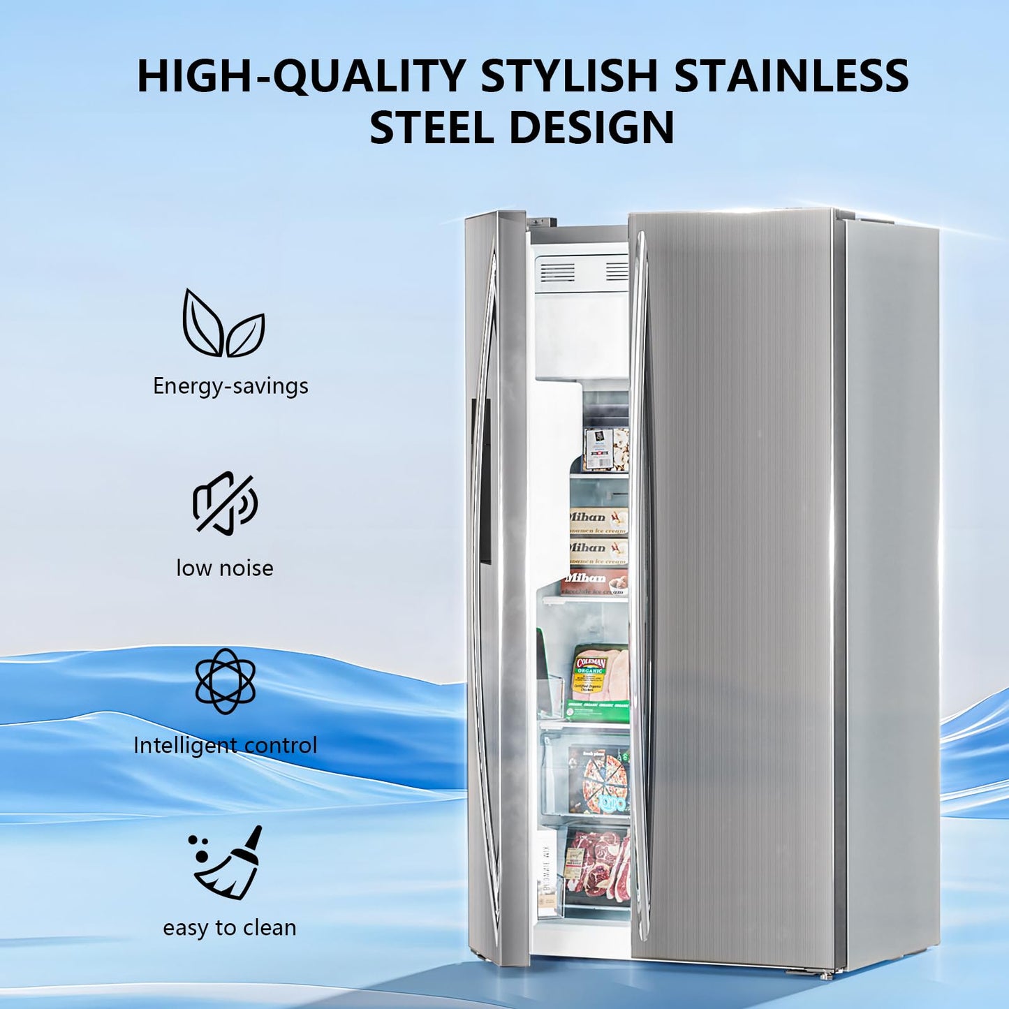 Antarctic Star 2 French Door Refrigerator Fridge, with Side Freezer &Water Dispensor,Nugget Ice Maker&Cube Ice,Adjustable Thermostat, 20 Cu Ft, Stainless Steel