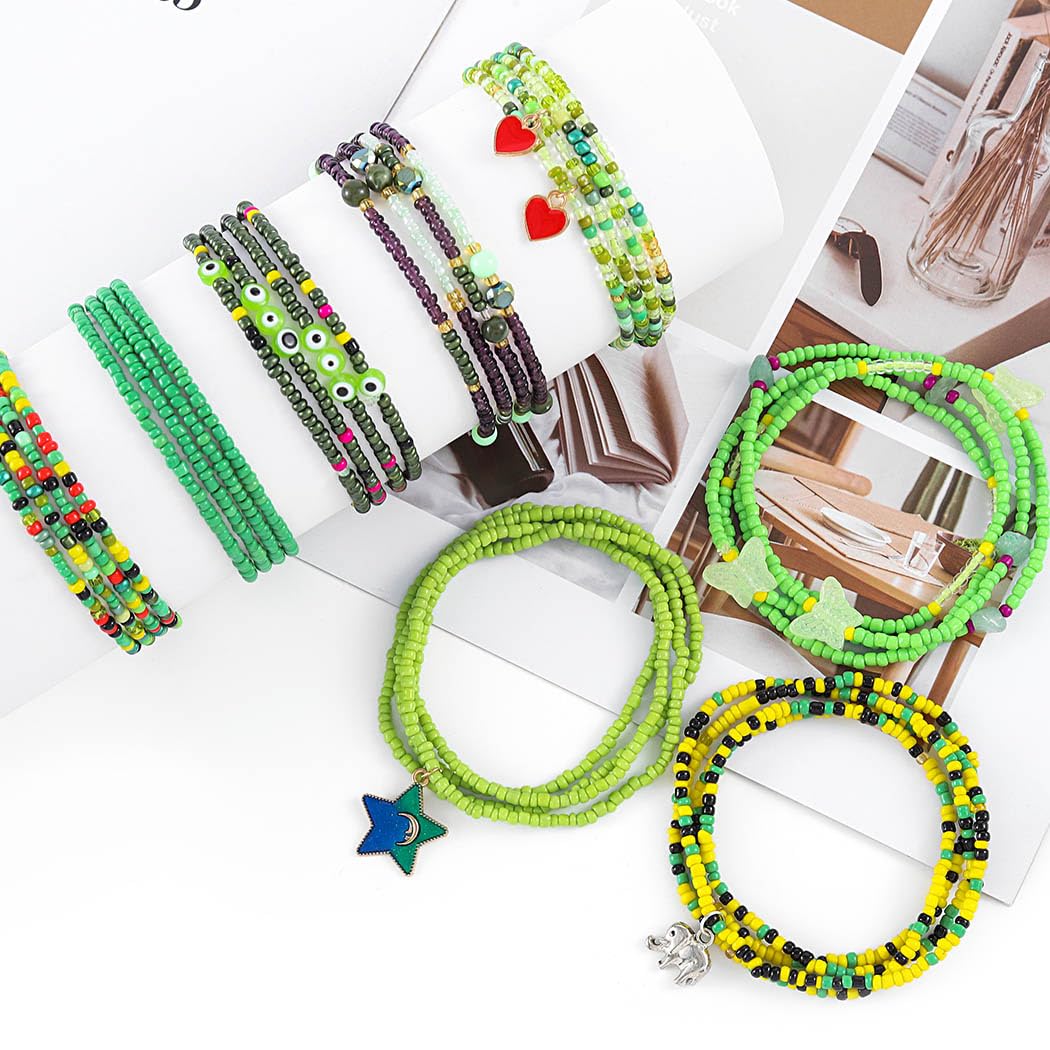 ELABEST 24-39inch African Waist Beads for Women 8Pcs Elastic Belly Beads Colorful Beaded Waist Jewelry Accessories Body Chain (Green, 31.5inch/80cm)
