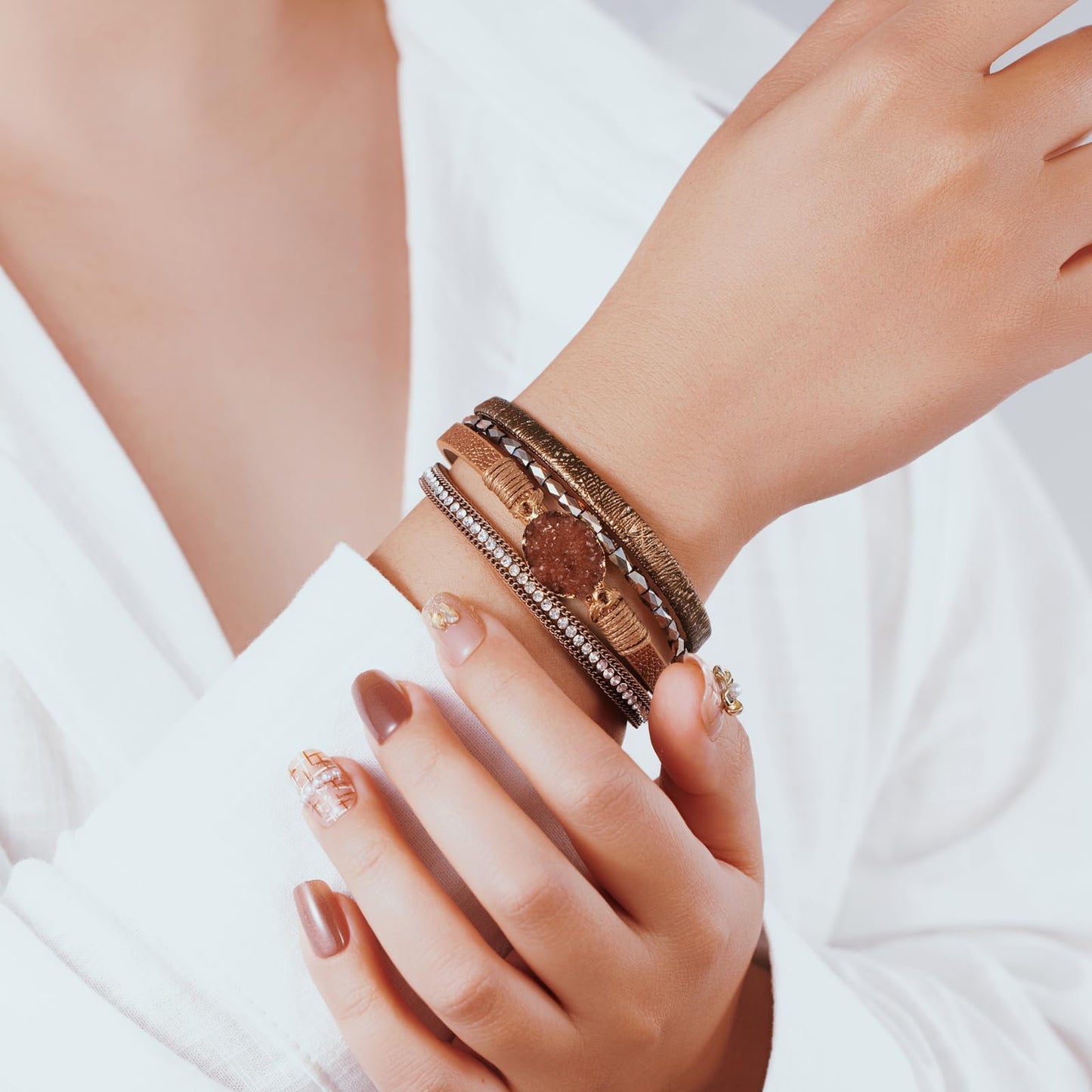 Becklynn Boho Leather Wrap Bracelets Beaded Crystal Stackable Cuff Bracelet with Magnetic Clasp Cowboy Cowgirl County Concert Outfits Western Jewelry Gifts for Women(Stone Brown)