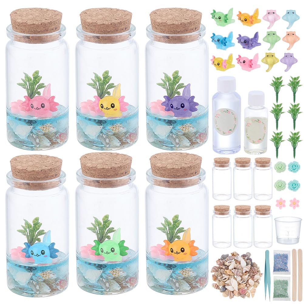 WEBEEDY 6 Sets Sea Animal Terrarium Kit DIY Glass Bottle Axolotl Craft Kit Miniature Axolotl Habitat Decor Resin Tank Ornaments for Home Bedroom Party Decor Arts & Crafts Figure Birthday Gift