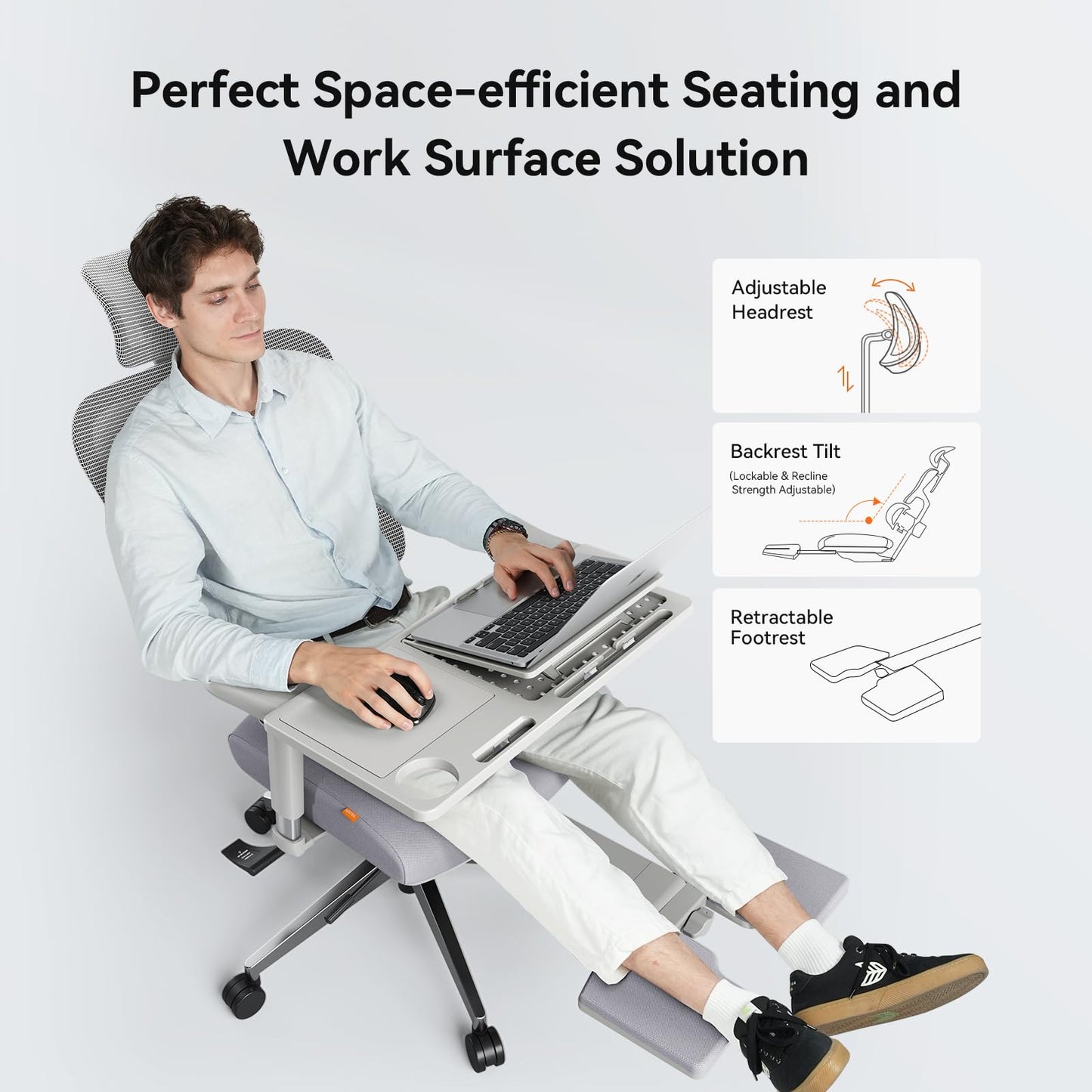Newtral Office Chair Ergonomic - Home Office Desk Chair, Big and Tall Office Chair, Auto-Following Lumbar Support for Back Pain, Adjustable Seat Depth and Height (with Footrest + Laptop Tray, Gray)