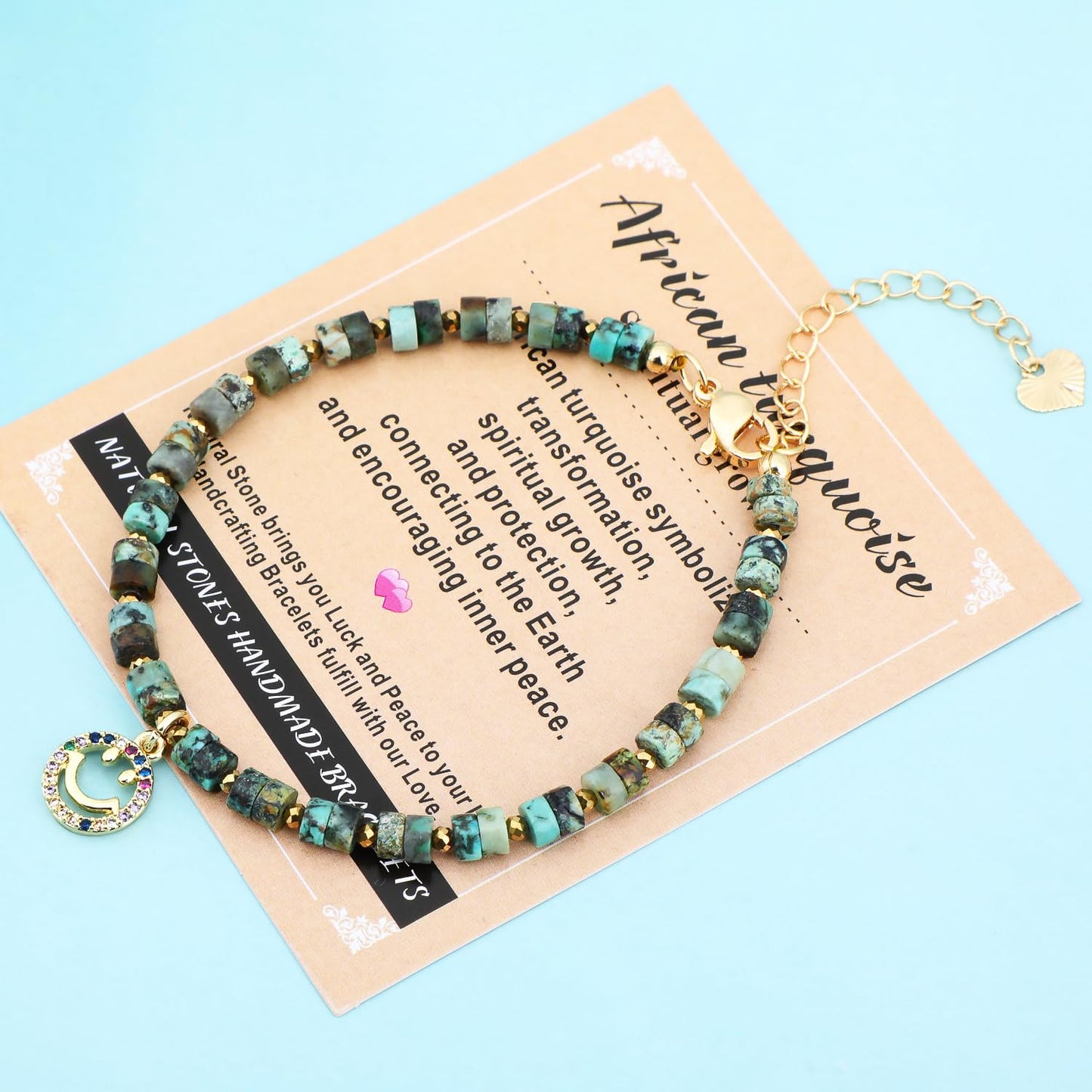 Natural Gemstone Healing Crystal African Turquoise Dainty Charms Happy face Bracelet Adjustable Chain Extender Minimalist Jewelry