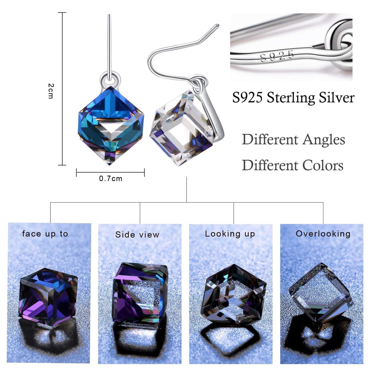 PLATO H S925 Sterling Silver Cube Crystals Earrings for Women with Exquisite Unique Gift Box Dainty Jewelry Anniversary Mothers Day Gifts for her
