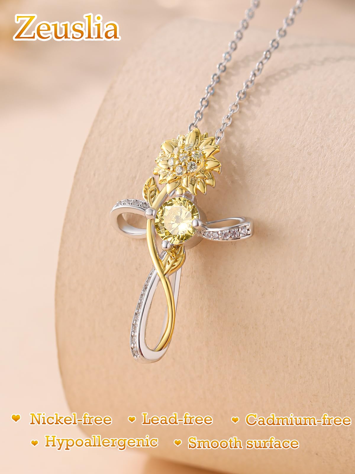 Cross Necklace for Women Sterling Silver Cross Pendant Jewelry with Sunflower Citrine November Birthstone Necklace Christian Religious Baptism First Communion Confirmation Birthday Gifts for Women