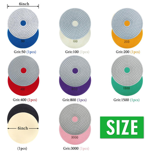 8PCS Diamond Polishing Pads 6 Inch, Wet/Dry Concrete Polish Tools Kit for Drill, Grinder, Polisher, 50-3000 Grit Polishing Set for Marble Granite Quartz Stone
