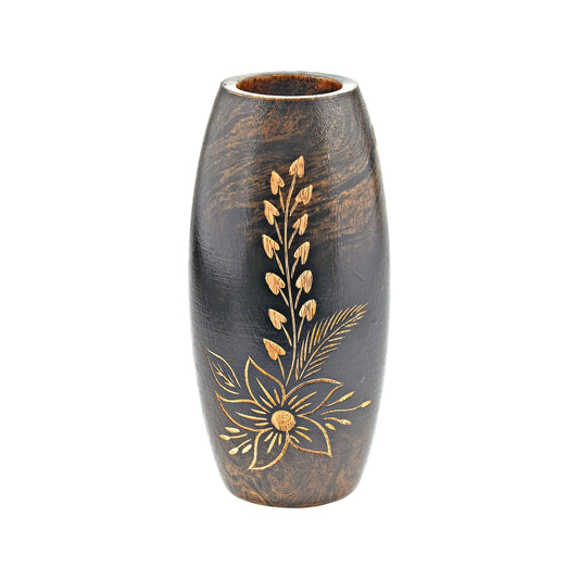 AeraVida Hand-Carved Mango Tree Wood Flower Vase Dark Brown Oval Tabletop Decorative Vase 6 Inch Small Rustic Home Decor for Living Room Dried Floral Display