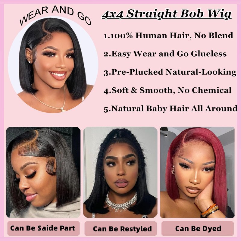 SJXAL Short Bob Wig Human Hair Straight 8 inch Wear to Go 4x4 Lace Closure Bob Wigs Human Hair for Black Women Pre Plucked and Pre Cut Short Straight Bob Wig Human Hair No Glue Natural Black