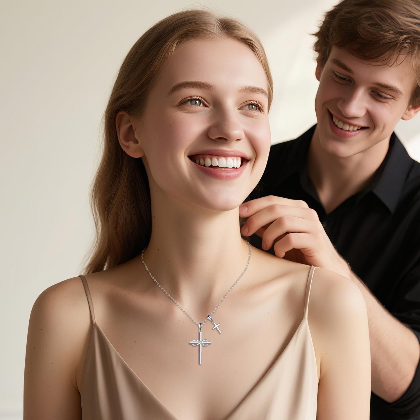 VONALA Valentines Day Infinity Cross Necklace 925 Sterling Silver Double Cross Pendant Necklace Faith Jewelry Religious Gifts for Women