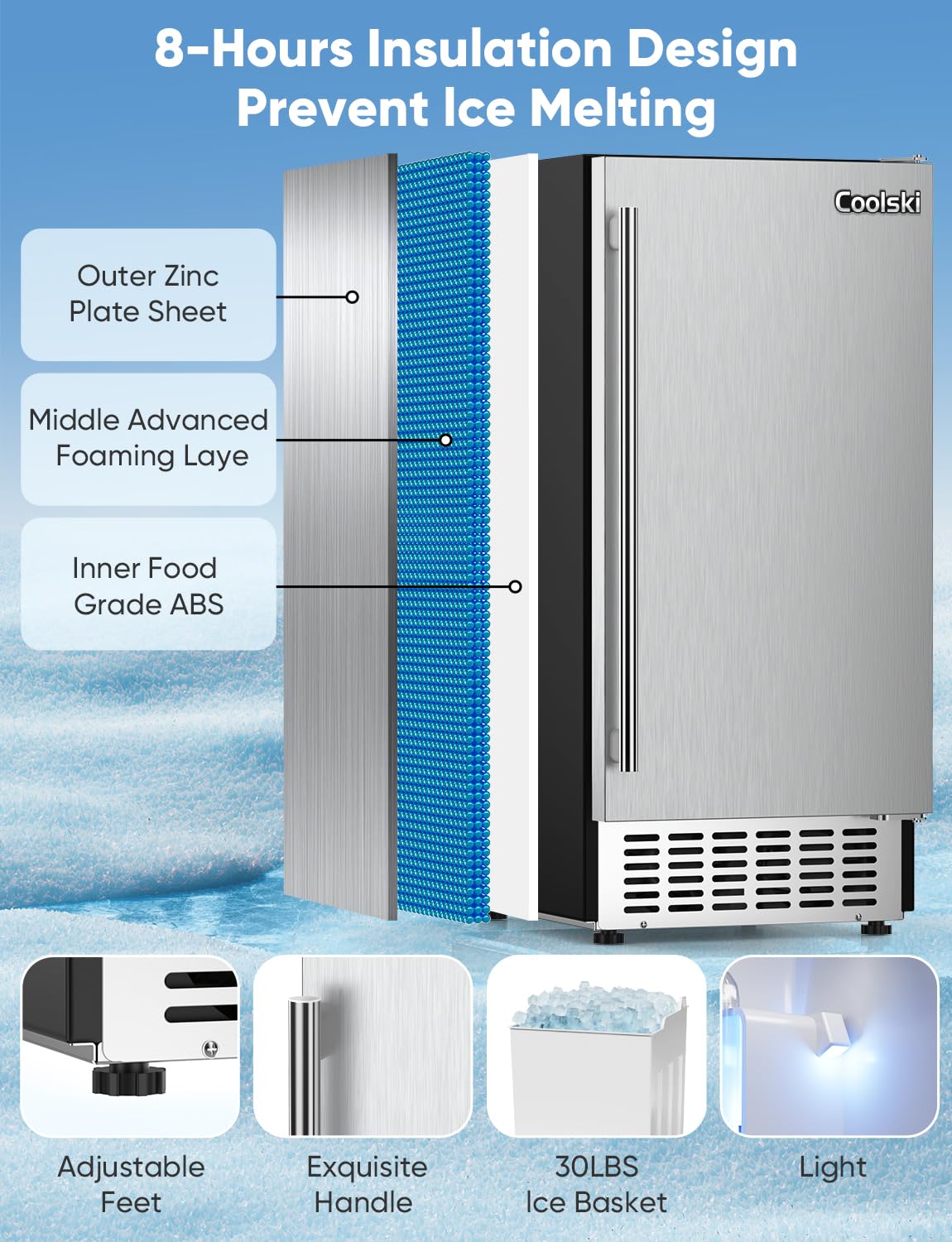 Coolski 15" W Commercial Under Counter Ice Maker Machine, 80 Lbs/Day, Bulit-in Freestanding Ice Machine, Self-Cleaning, Stainless Steel Ice Maker for Home Apartment & Commercial Use