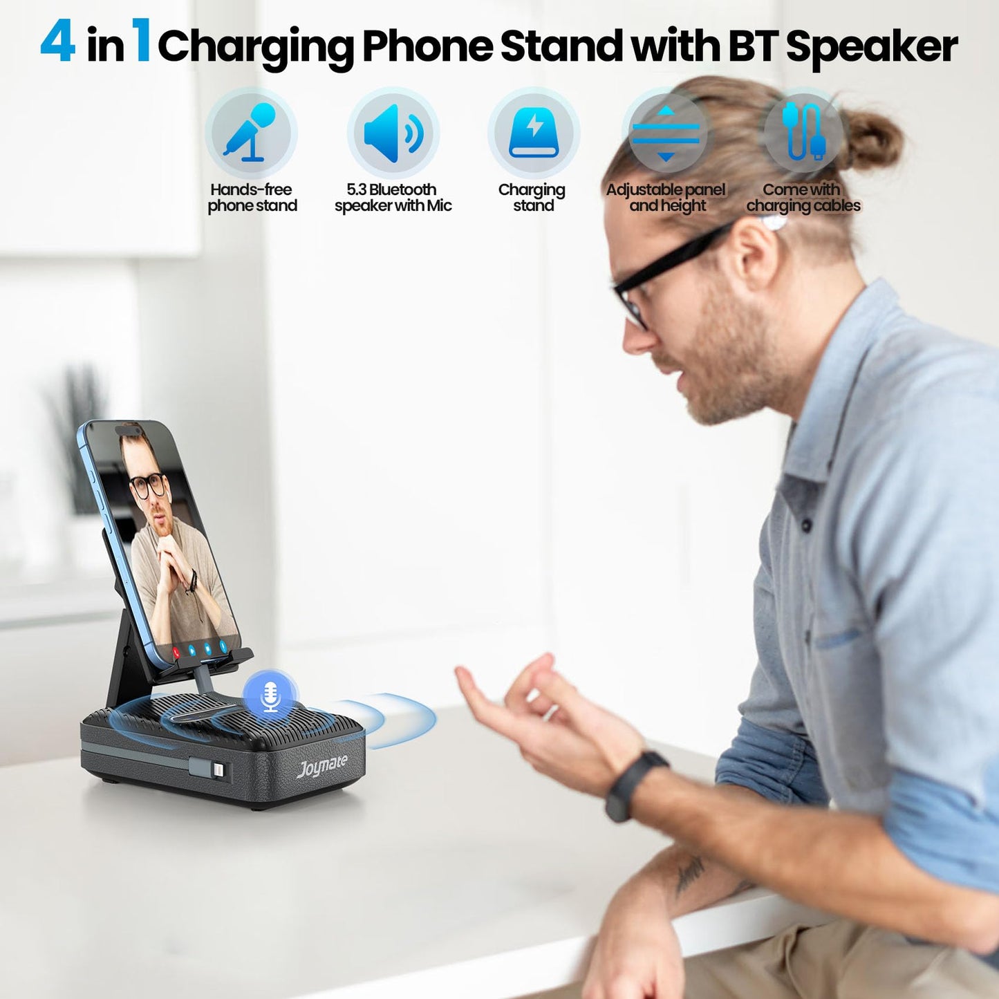 Joymate Gifts for Men Women, Charging Phone Stand with Bluetooth Speaker Valentines Day Gifts for Him Adjustable Cell Phone Holder for Desk with HD Stereo Sound Fits Phones,Tablet (Black)