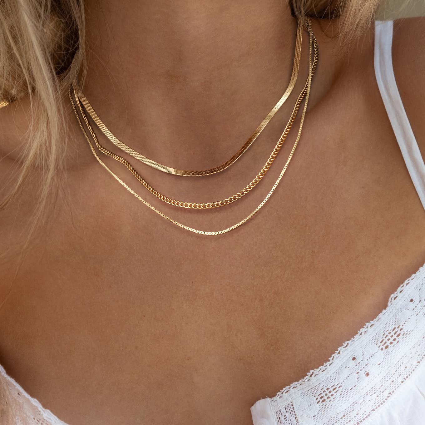 Freekiss Gold Herringbone Necklace, Layered 14K Gold Filled Choker Necklaces, Dainty Snake chain Cuban Link Necklace Set, Simple Gold Jewelry Gifts