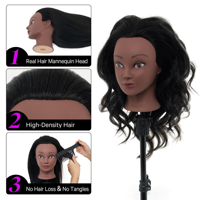 18" Mannequin Head Human Hair with Stand - 100% Real Human Hair Mannequin Head for Braiding, Cosmetology Manikin Doll Head for Hair Styling with Tripod Stand Table Clamp Hair Braiding Set,Black