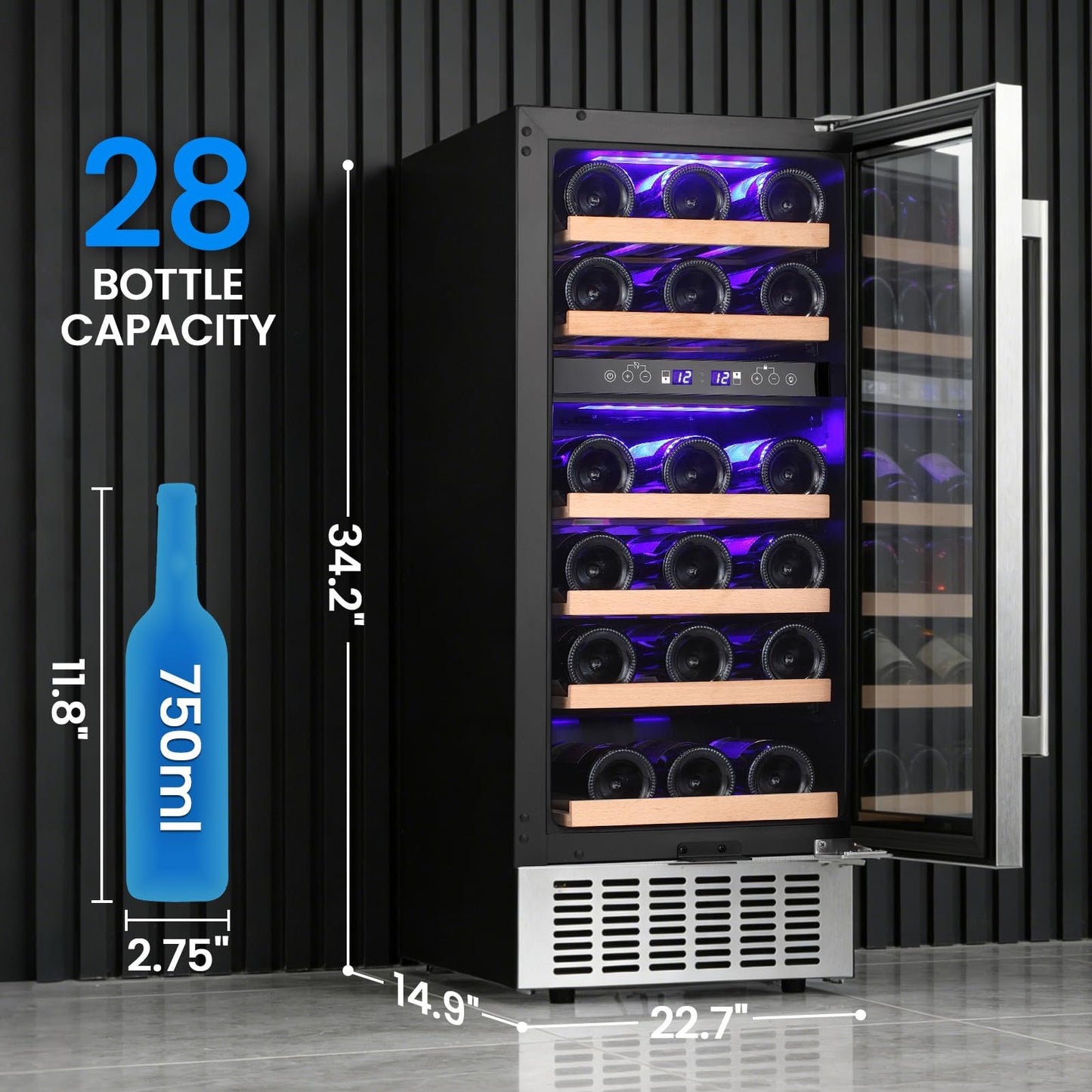 Antarctic Star Wine Fridge 15" Wine Cooler Under Counter Beverage Refrigerator Beer Mini Fridge 28 Bottles Dual Zone Built-in Freestanding Stainless Steel Double-Layer Tempered Glass Door